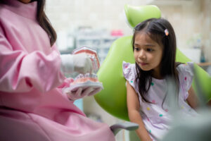 Dentist showing a dental model to a young child in a clinic.